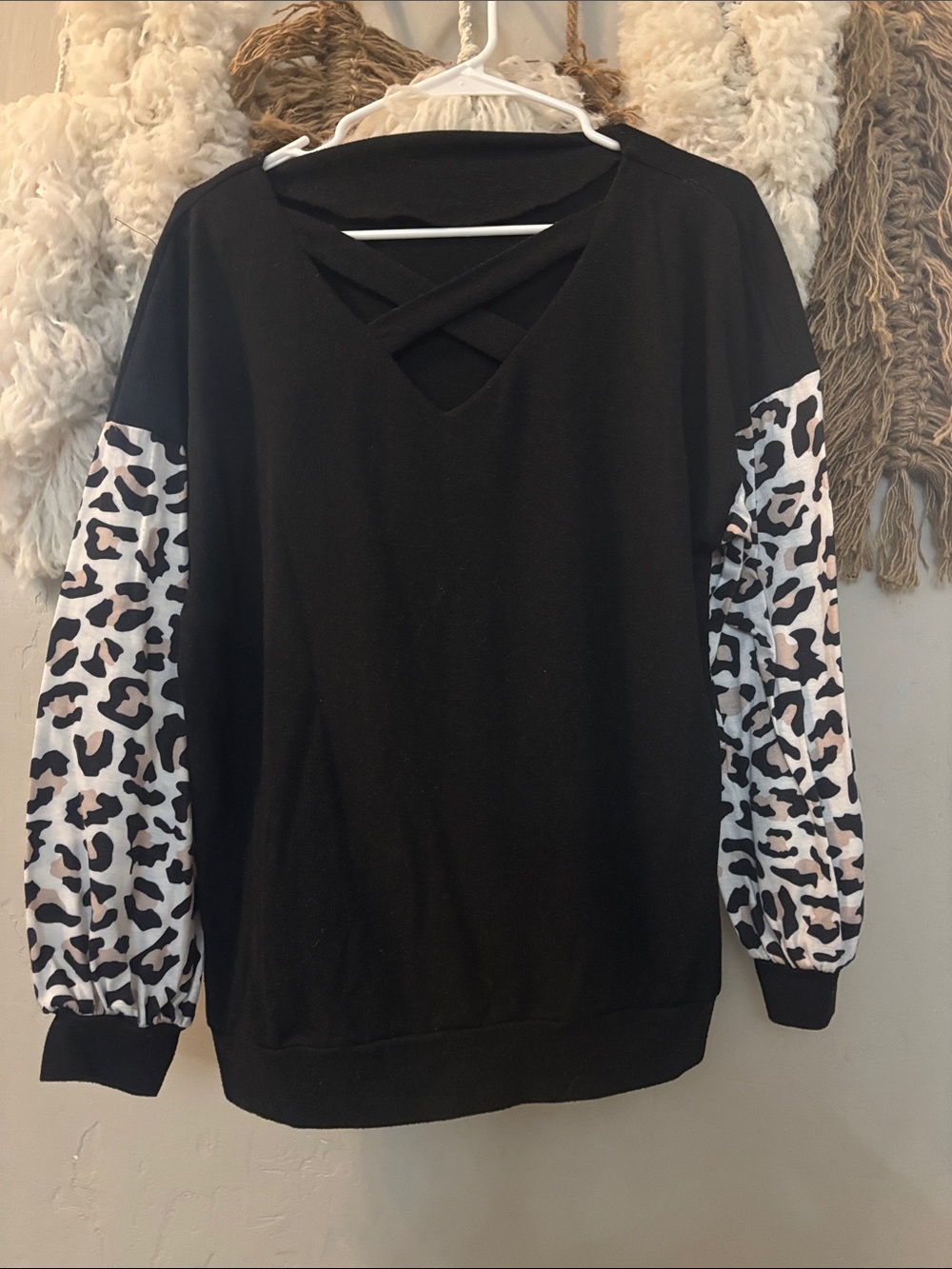 Black Leopard Sleeve Crisscross V-Neck Women's Top